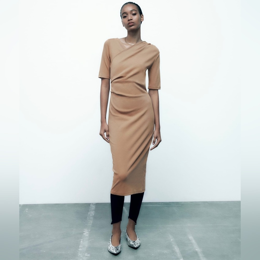 Zara camel-colored short sleeve midi dress! NWT